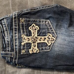Miss Me Blue Straight Leg Jeans with Gold Cross Detail